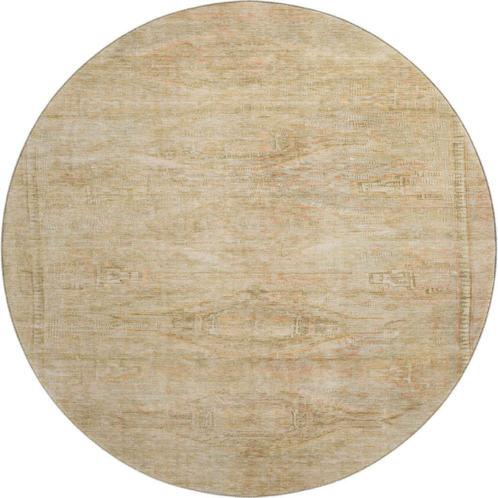HomeRoots 8' Linen Gold and Wheat Abstract Round Rug - Washable, UV-Protected, Durable Design for Any Space 695387