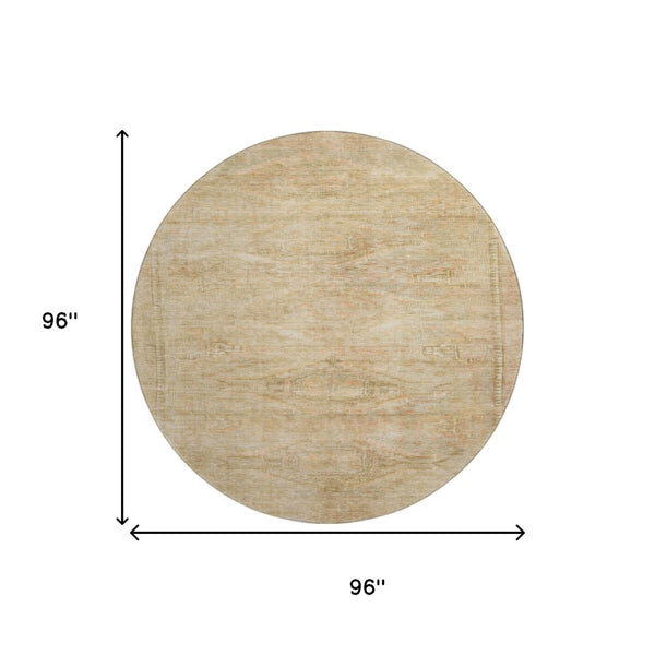 HomeRoots 8' Linen Gold and Wheat Abstract Round Rug - Washable, UV-Protected, Durable Design for Any Space 695387