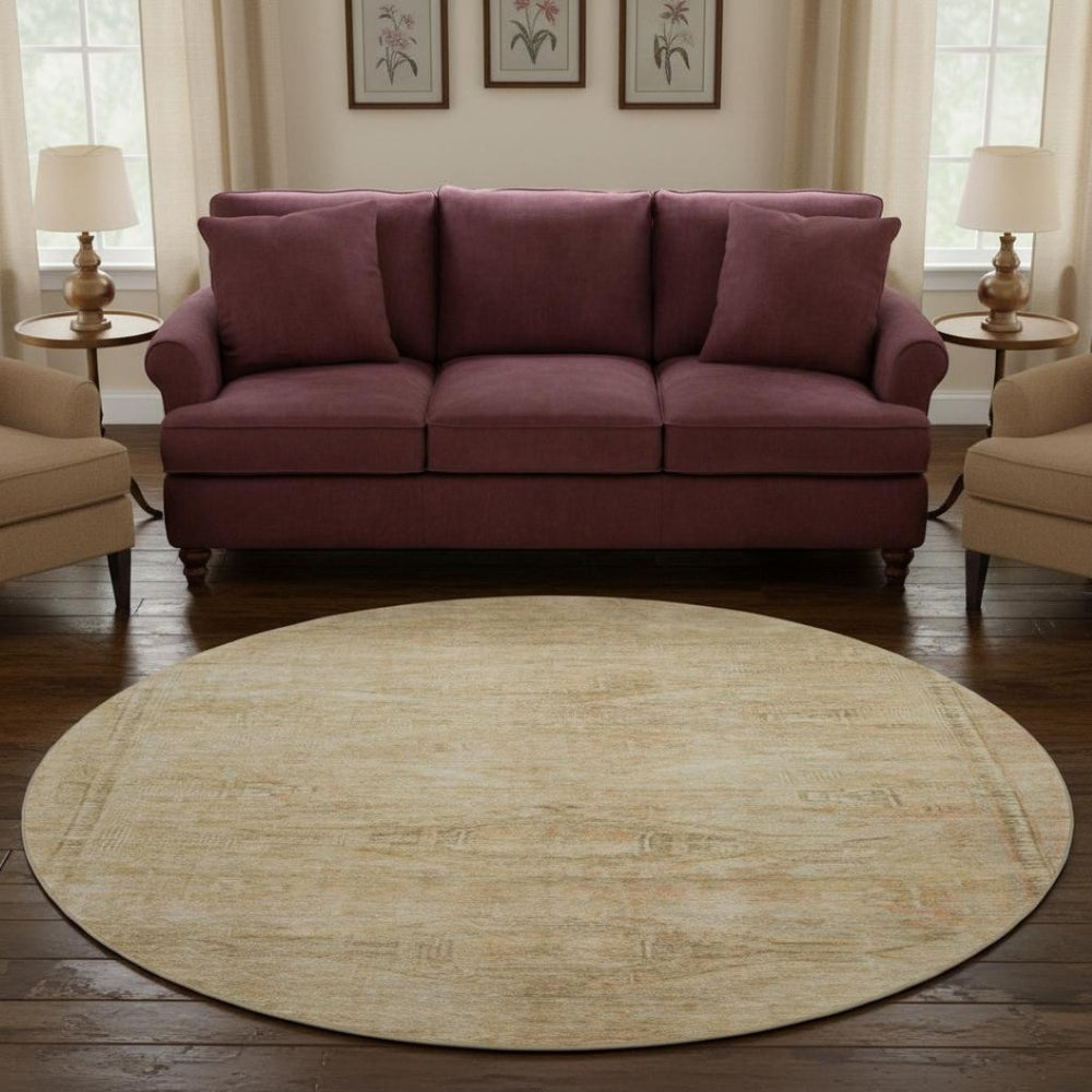 HomeRoots 8' Linen Gold and Wheat Abstract Round Rug - Washable, UV-Protected, Durable Design for Any Space 695387