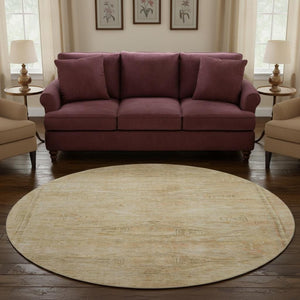 HomeRoots 8' Linen Gold and Wheat Abstract Round Rug - Washable, UV-Protected, Durable Design for Any Space 695387