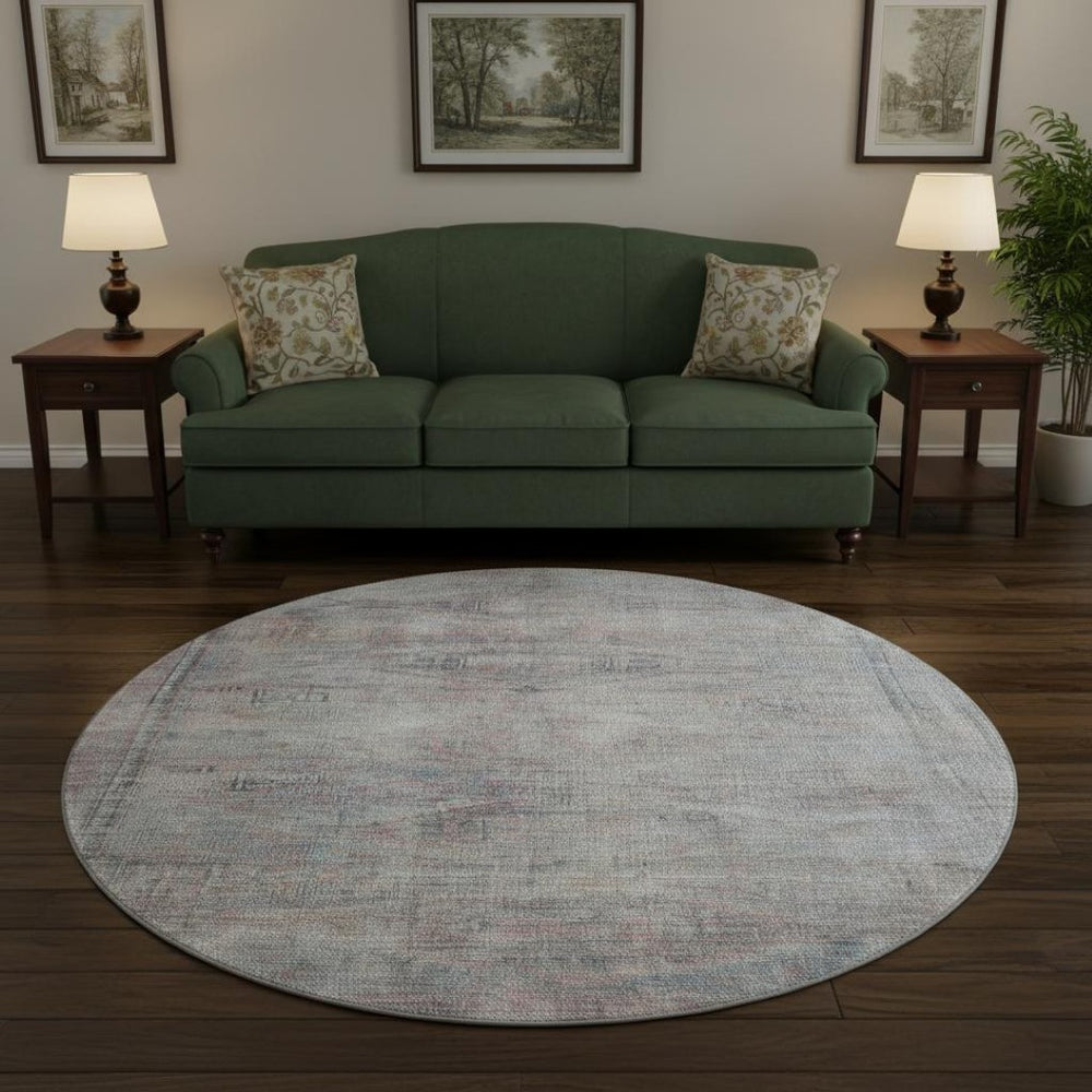 HomeRoots 8' Stylish Pewter Gray & Charcoal Abstract Round Rug - Washable, UV-Protected, Perfect for Homes 695393