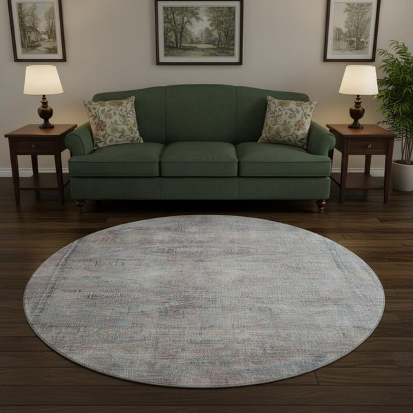 HomeRoots 8' Stylish Pewter Gray & Charcoal Abstract Round Rug - Washable, UV-Protected, Perfect for Homes 695393