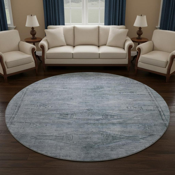 HomeRoots 8' Sky Blue & Gray Abstract Geometric Round Rug - Washable, Non-Slip, UV Protected & Stylish Design 695399