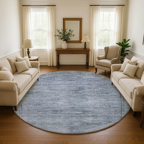 HomeRoots 8' Sky Blue & Gray Abstract Geometric Round Rug - Washable, Non-Slip, UV Protected & Stylish Design 695399