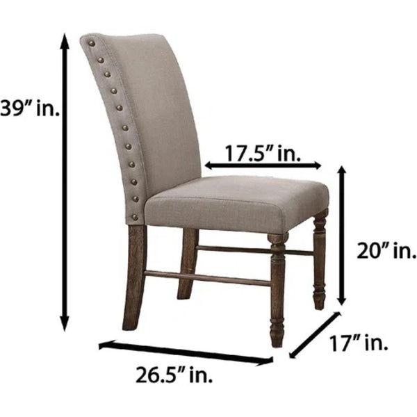 English Elm Antique Oak Upholstered Side Chair Set Beige Fabric Nailhead Trim Transitional Dining B011P423340