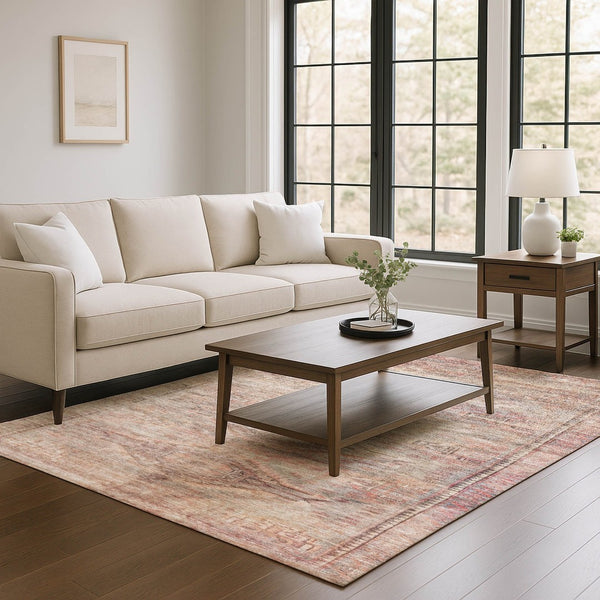 HomeRoots 5' X 8' Salmon Copper Beige Geometric Area Rug - Washable, UV Protected, Ideal for High-Traffic Spaces 695404