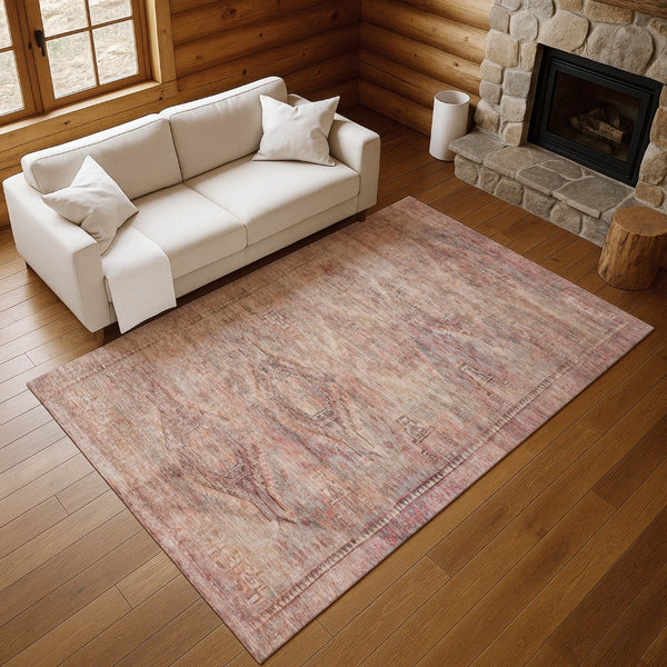 HomeRoots 5' X 8' Salmon Copper Beige Geometric Area Rug - Washable, UV Protected, Ideal for High-Traffic Spaces 695404