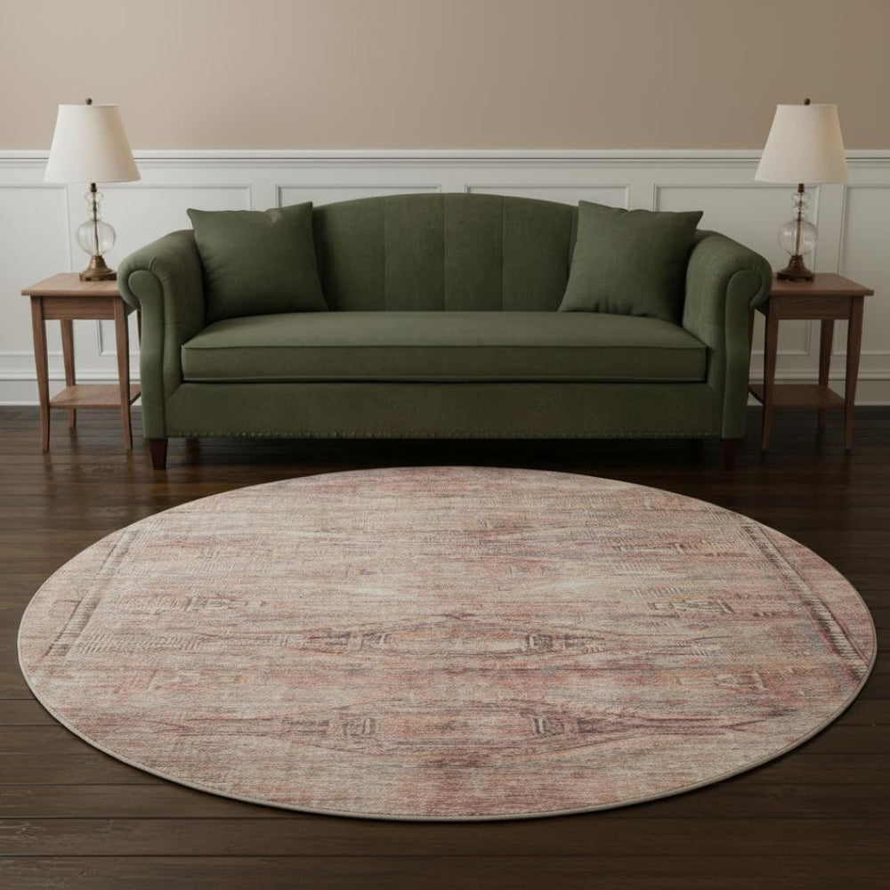 HomeRoots 8' Salmon Copper Beige Washable Round Rug - Stylish Geometric Design with UV Protection & Durability 695405