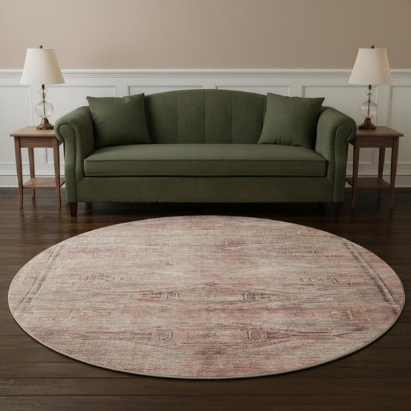 HomeRoots 8' Salmon Copper Beige Washable Round Rug - Stylish Geometric Design with UV Protection & Durability 695405