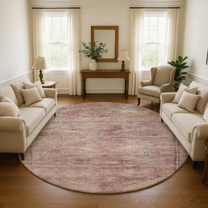HomeRoots 8' Salmon Copper Beige Washable Round Rug - Stylish Geometric Design with UV Protection & Durability 695405