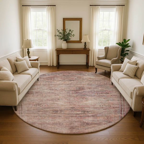 HomeRoots 8' Salmon Copper Beige Washable Round Rug - Stylish Geometric Design with UV Protection & Durability 695405