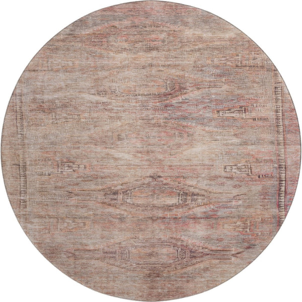 HomeRoots 8' Salmon Copper Beige Washable Round Rug - Stylish Geometric Design with UV Protection & Durability 695405