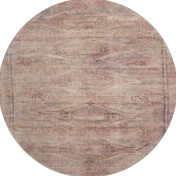 HomeRoots 8' Salmon Copper Beige Washable Round Rug - Stylish Geometric Design with UV Protection & Durability 695405
