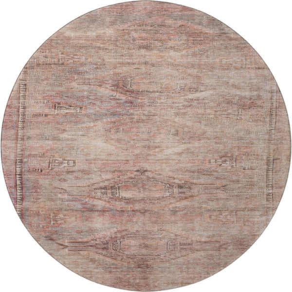 HomeRoots 8' Salmon Copper Beige Washable Round Rug - Stylish Geometric Design with UV Protection & Durability 695405