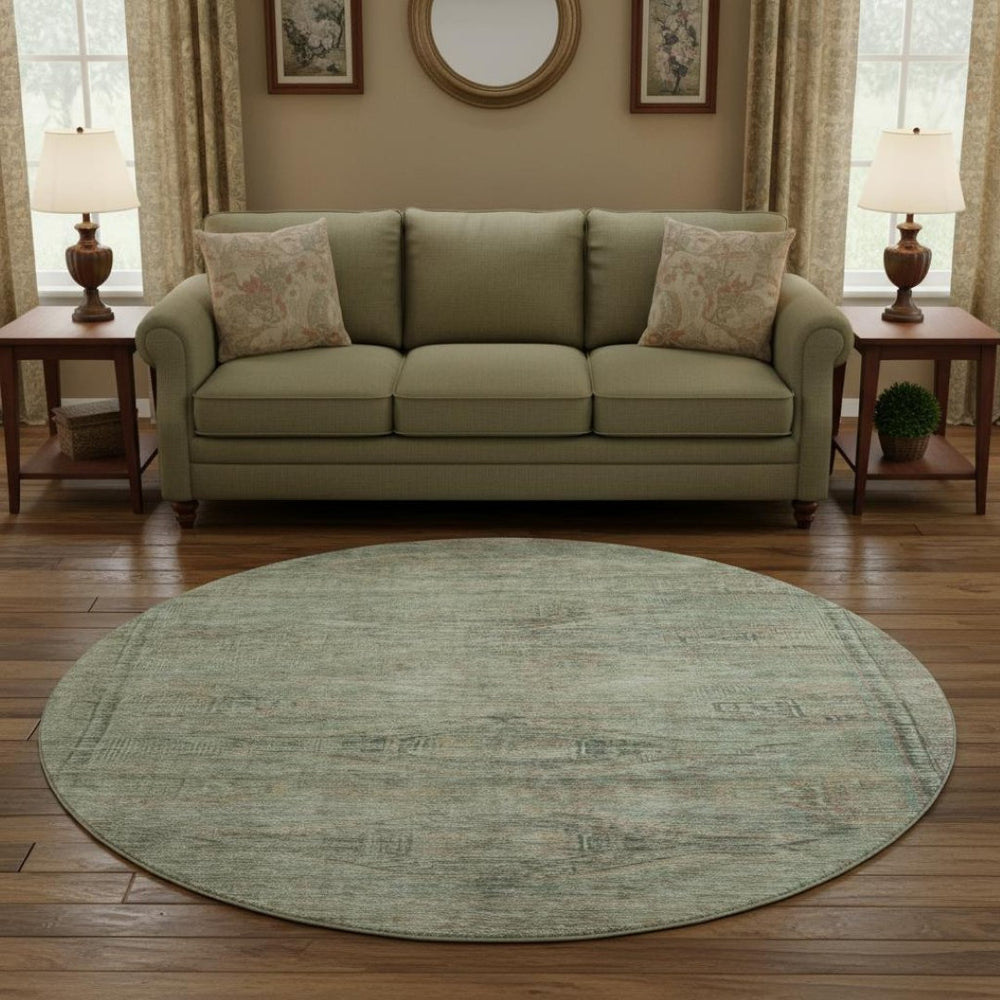 HomeRoots 8' Teal Sage & Copper Abstract Round Rug – Washable, UV-Protected, Stylish & Durable for Every Home 695411