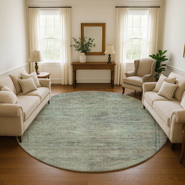 HomeRoots 8' Teal Sage & Copper Abstract Round Rug – Washable, UV-Protected, Stylish & Durable for Every Home 695411