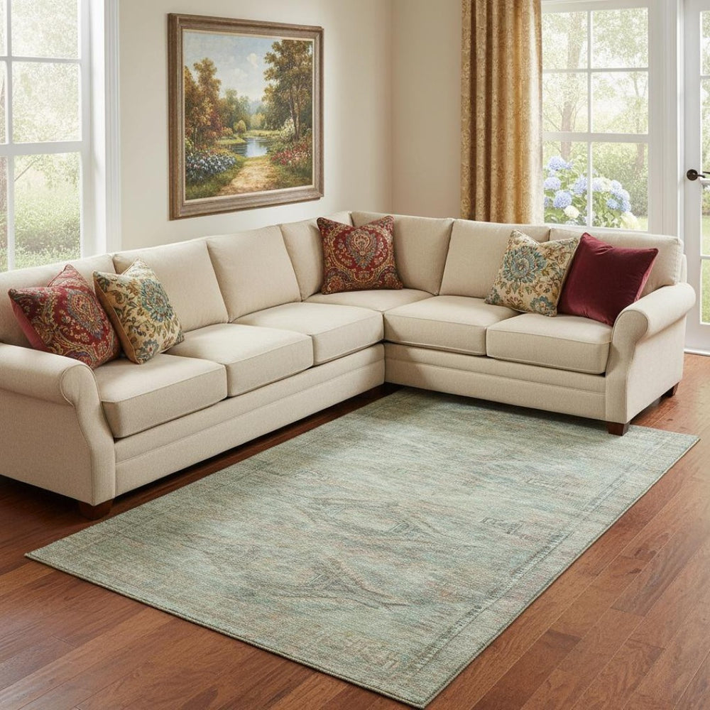HomeRoots 8' X 10' Teal Sage Copper Abstract Geometric Area Rug - Washable, UV Protected, Stain Resistant Design 695412