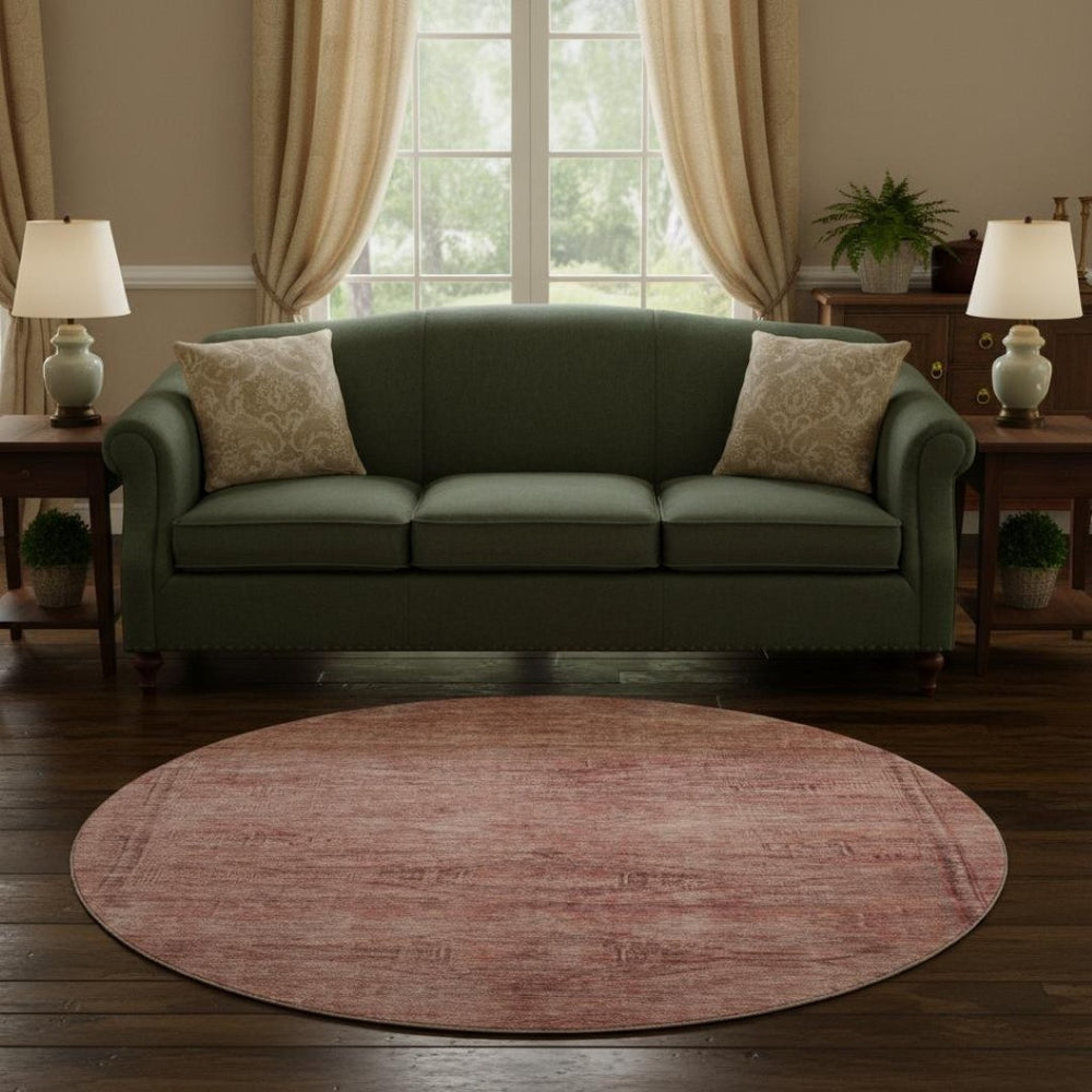 HomeRoots 8' Terra Cotta Salmon & Blush Abstract Round Rug - Washable, UV Protected, Non-Slip for High Traffic Areas 695417