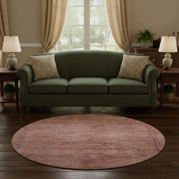 HomeRoots 8' Terra Cotta Salmon & Blush Abstract Round Rug - Washable, UV Protected, Non-Slip for High Traffic Areas 695417