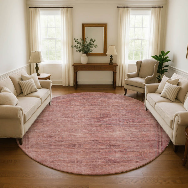 HomeRoots 8' Terra Cotta Salmon & Blush Abstract Round Rug - Washable, UV Protected, Non-Slip for High Traffic Areas 695417