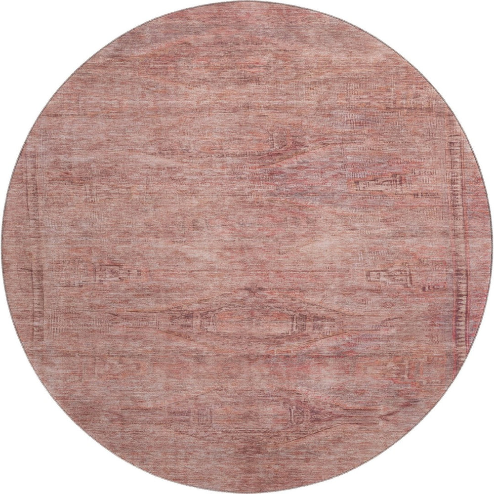 HomeRoots 8' Terra Cotta Salmon & Blush Abstract Round Rug - Washable, UV Protected, Non-Slip for High Traffic Areas 695417