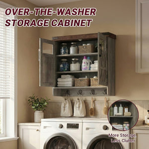 English Elm Bathroom Wall Cabinet Over Toilet with Adjustable Shelves and Built in Towel Hook Grey+Brown T5831P489009