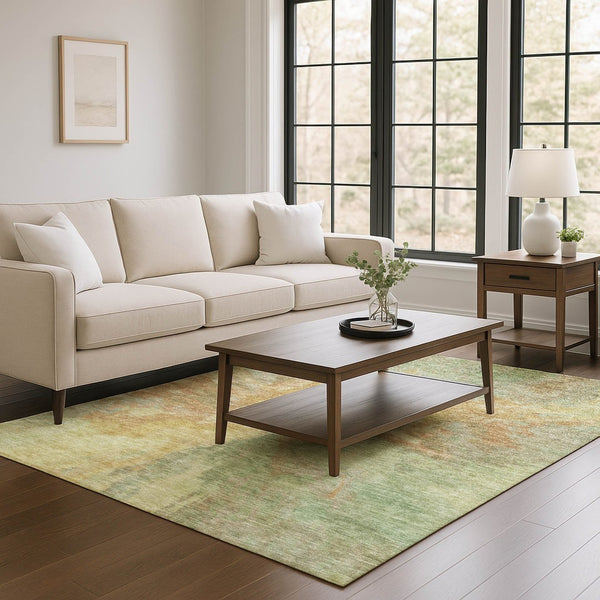 HomeRoots 5' X 8' Artichoke Green Gold Copper Abstract Area Rug – Durable, Washable, UV-Resistant for Modern Homes 695422