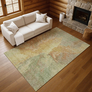 HomeRoots 5' X 8' Artichoke Green Gold Copper Abstract Area Rug – Durable, Washable, UV-Resistant for Modern Homes 695422