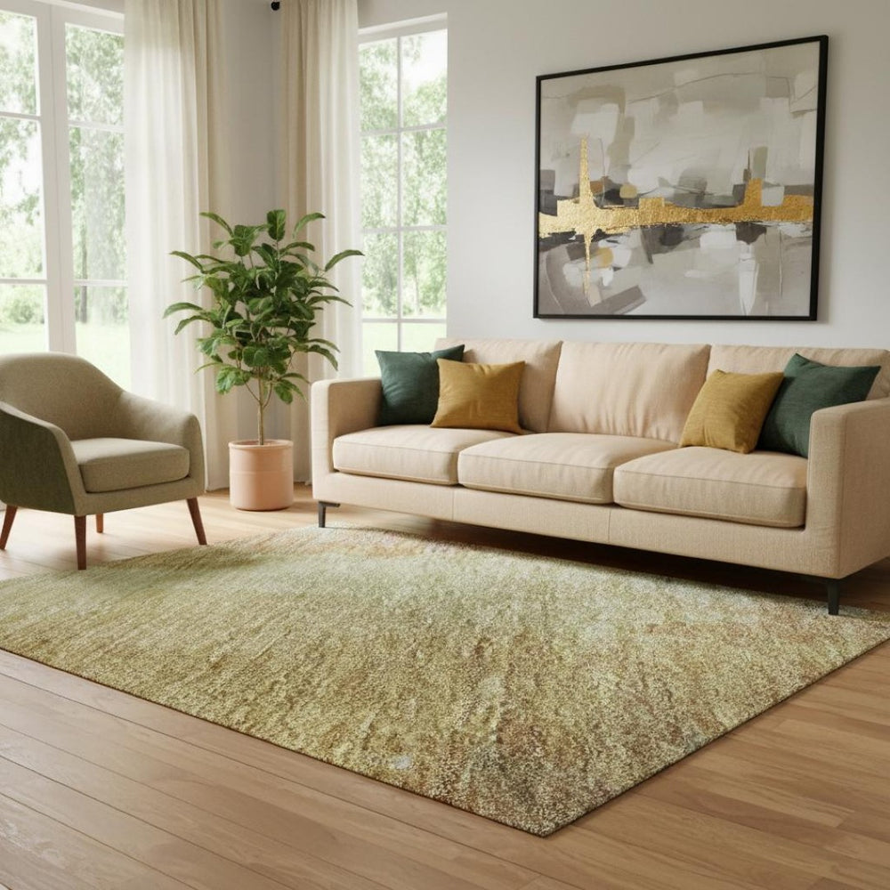 HomeRoots 5' X 8' Artichoke Green Gold Copper Abstract Area Rug – Durable, Washable, UV-Resistant for Modern Homes 695422