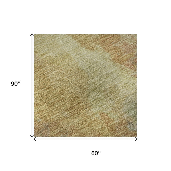 HomeRoots 5' X 8' Artichoke Green Gold Copper Abstract Area Rug – Durable, Washable, UV-Resistant for Modern Homes 695422