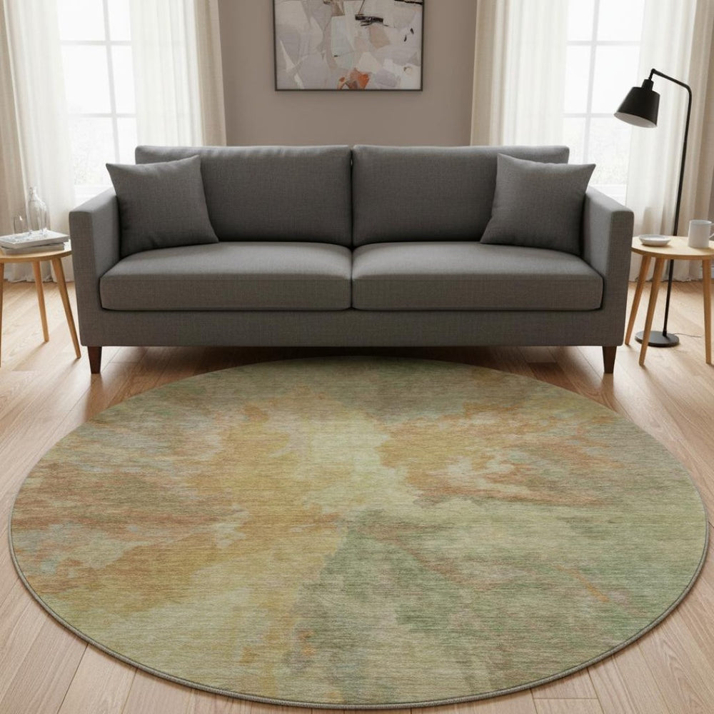 HomeRoots 8' Artichoke Green Gold Copper Abstract Washable Round Rug with Stain Resistance & UV Protection 695423