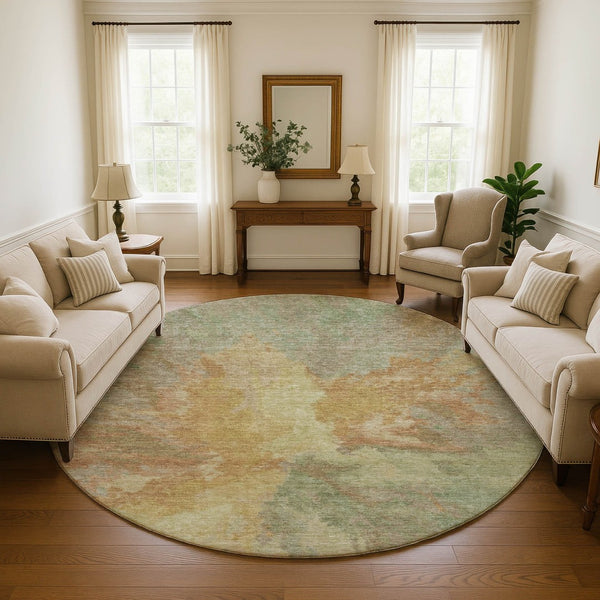 HomeRoots 8' Artichoke Green Gold Copper Abstract Washable Round Rug with Stain Resistance & UV Protection 695423