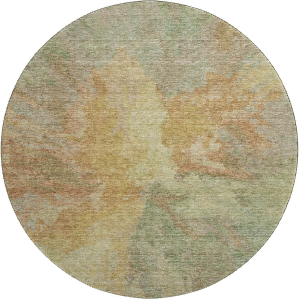 HomeRoots 8' Artichoke Green Gold Copper Abstract Washable Round Rug with Stain Resistance & UV Protection 695423