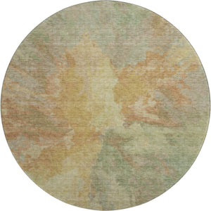 HomeRoots 8' Artichoke Green Gold Copper Abstract Washable Round Rug with Stain Resistance & UV Protection 695423