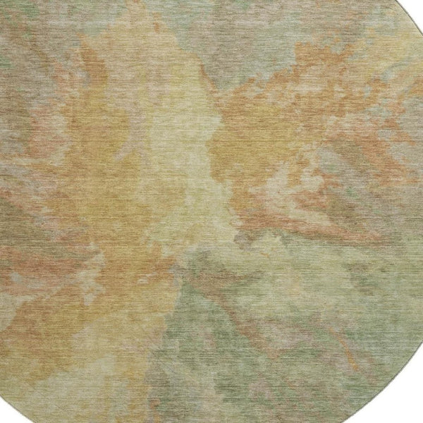 HomeRoots 8' Artichoke Green Gold Copper Abstract Washable Round Rug with Stain Resistance & UV Protection 695423