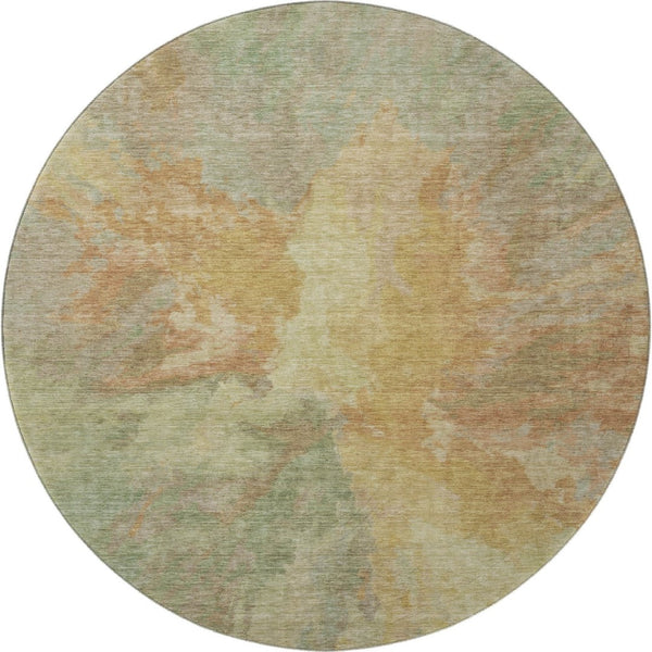 HomeRoots 8' Artichoke Green Gold Copper Abstract Washable Round Rug with Stain Resistance & UV Protection 695423