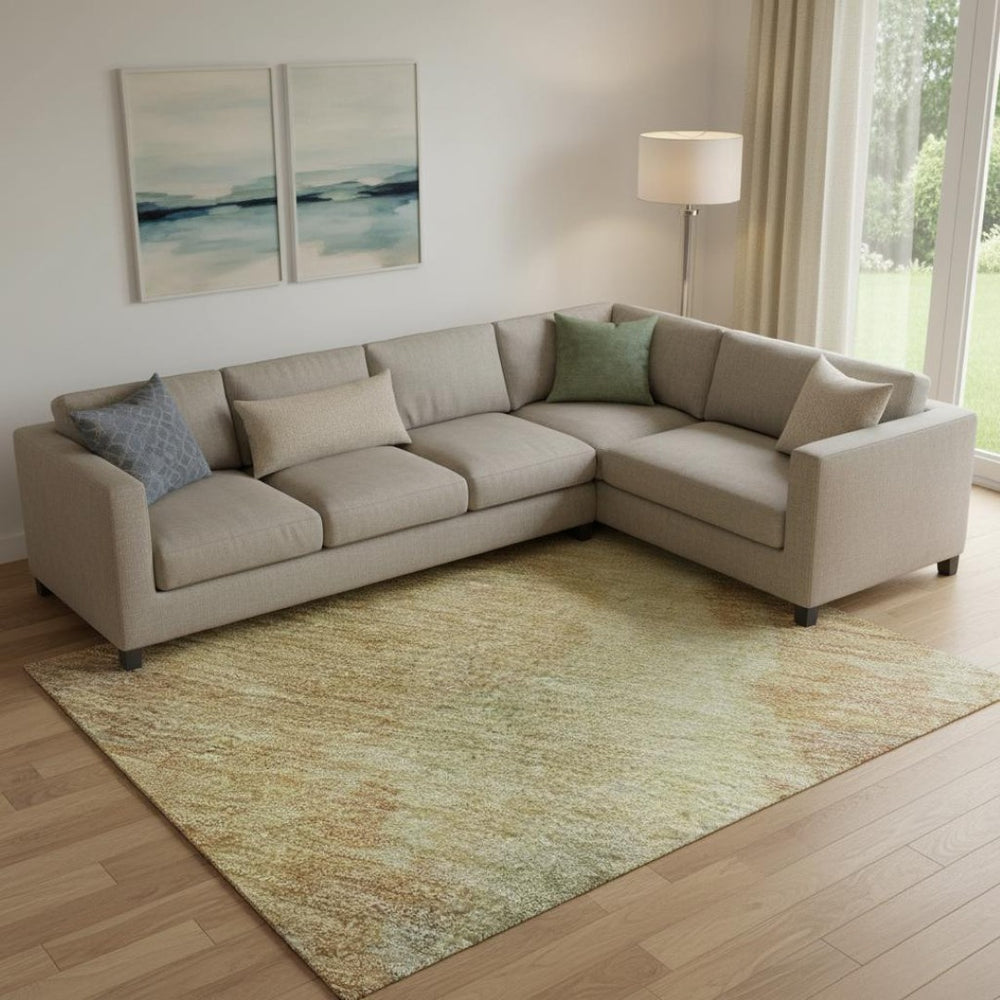 HomeRoots 9' X 12' Artichoke Green, Gold & Copper Abstract Area Rug – Durable, Stain-Resistant, UV Protected! 695425