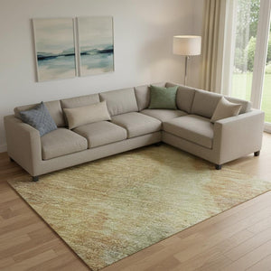HomeRoots 9' X 12' Artichoke Green, Gold & Copper Abstract Area Rug – Durable, Stain-Resistant, UV Protected! 695425