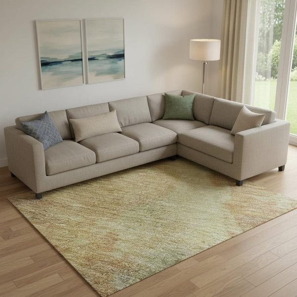 HomeRoots 9' X 12' Artichoke Green, Gold & Copper Abstract Area Rug – Durable, Stain-Resistant, UV Protected! 695425
