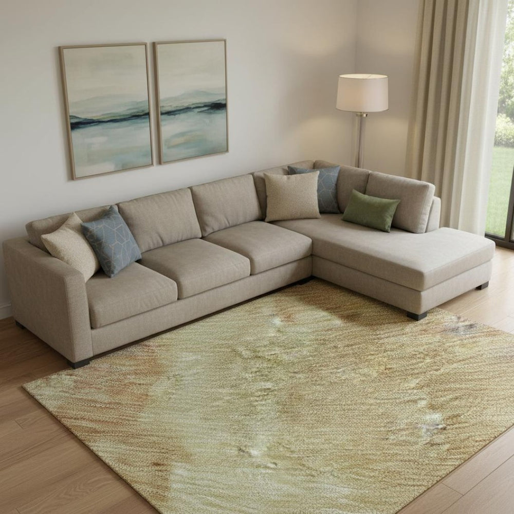 HomeRoots 10' X 14' Artichoke Green Abstract Area Rug with Gold & Copper Accents - Washable & UV Protected 695426