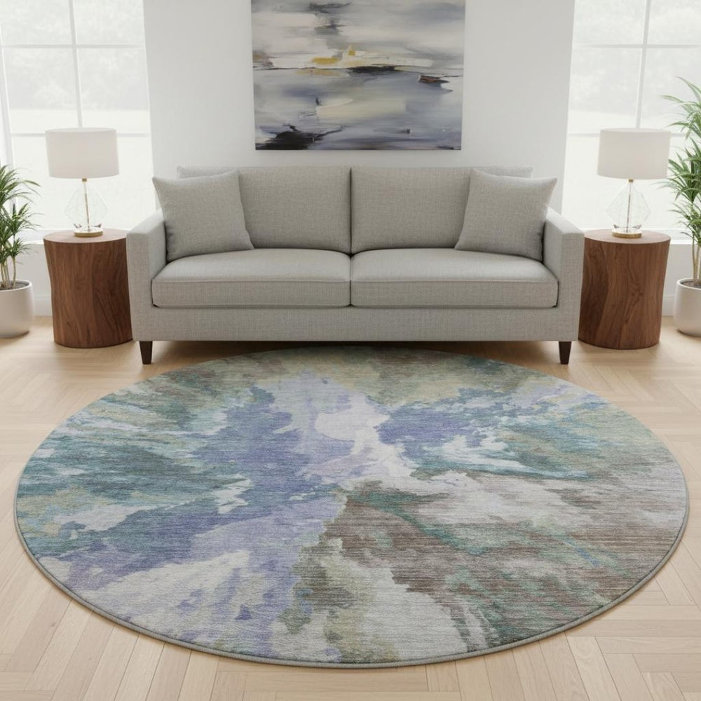 HomeRoots 8' Blue Gray and Ivory Abstract Round Rug - Washable, UV Protected, Stylish & Family-Friendly Design 695429