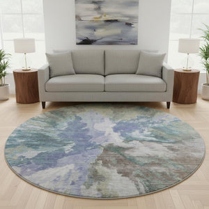 HomeRoots 8' Blue Gray and Ivory Abstract Round Rug - Washable, UV Protected, Stylish & Family-Friendly Design 695429