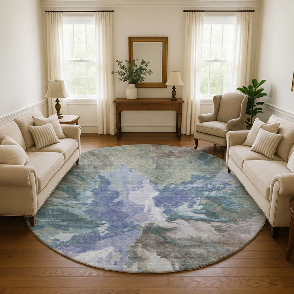 HomeRoots 8' Blue Gray and Ivory Abstract Round Rug - Washable, UV Protected, Stylish & Family-Friendly Design 695429