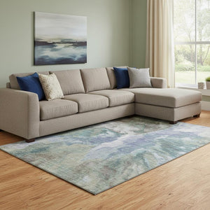 HomeRoots 8' X 10' Modern Blue Gray and Ivory Abstract Area Rug – Washable, UV Protected, Stain Resistant Design 695430