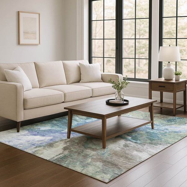 HomeRoots 10' X 14' Abstract Blue-Gray and Ivory Area Rug – Washable, UV-Protected, Perfect for High-Traffic Spaces 695432