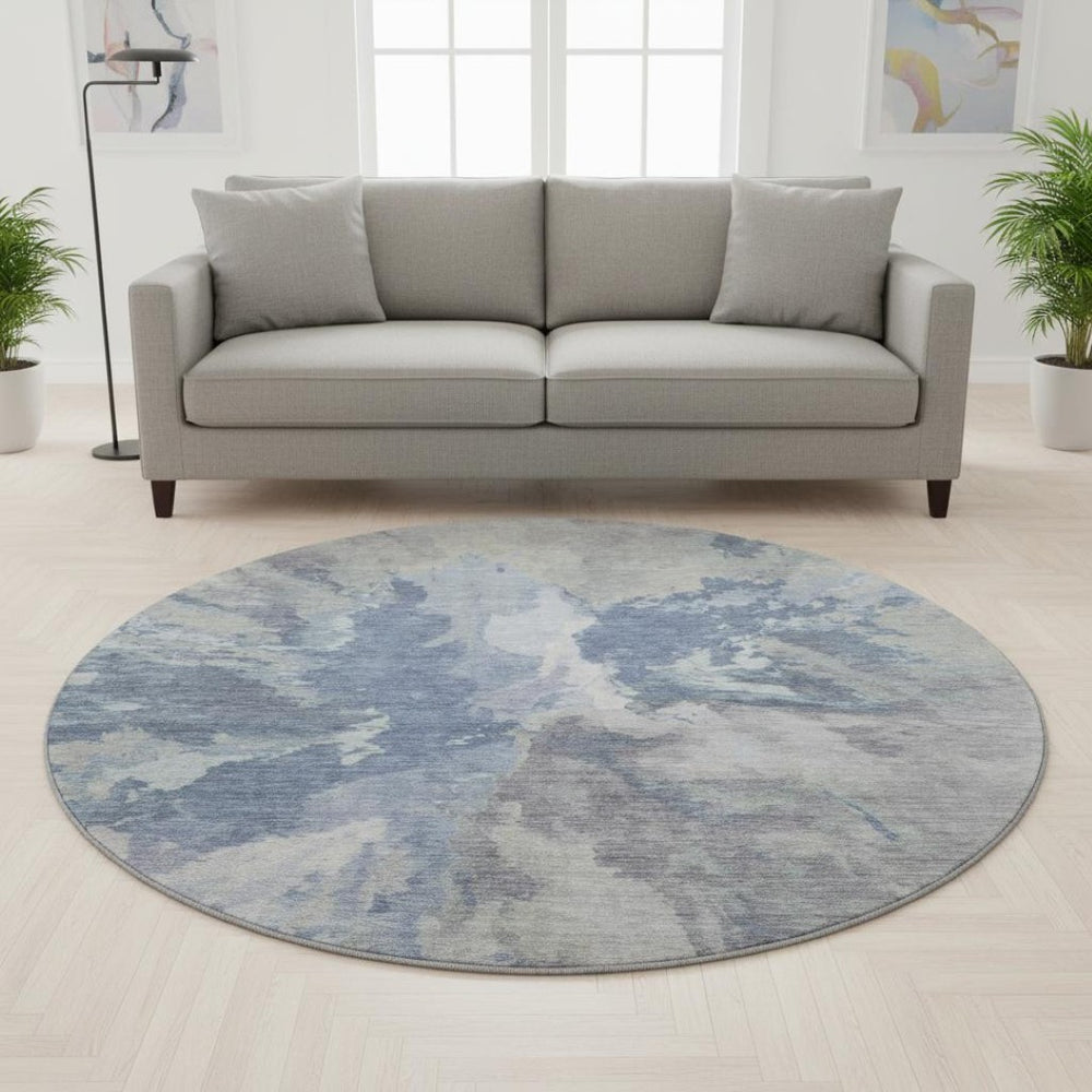HomeRoots 8' Washable Round Rug in Denim Blue, Ivory & Linen - Modern Abstract, Stain Resistant & UV Protected 695435