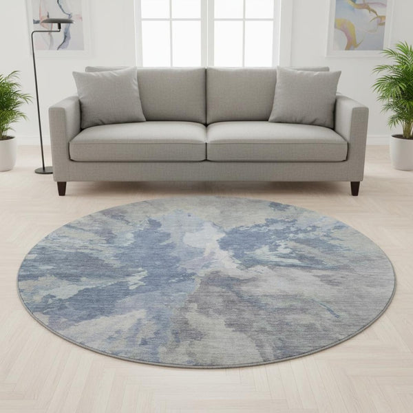 HomeRoots 8' Washable Round Rug in Denim Blue, Ivory & Linen - Modern Abstract, Stain Resistant & UV Protected 695435