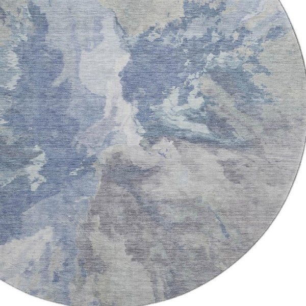 HomeRoots 8' Washable Round Rug in Denim Blue, Ivory & Linen - Modern Abstract, Stain Resistant & UV Protected 695435