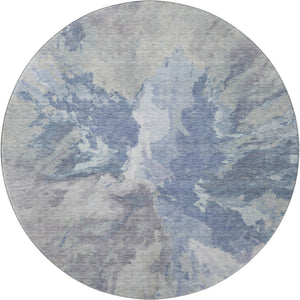 HomeRoots 8' Washable Round Rug in Denim Blue, Ivory & Linen - Modern Abstract, Stain Resistant & UV Protected 695435