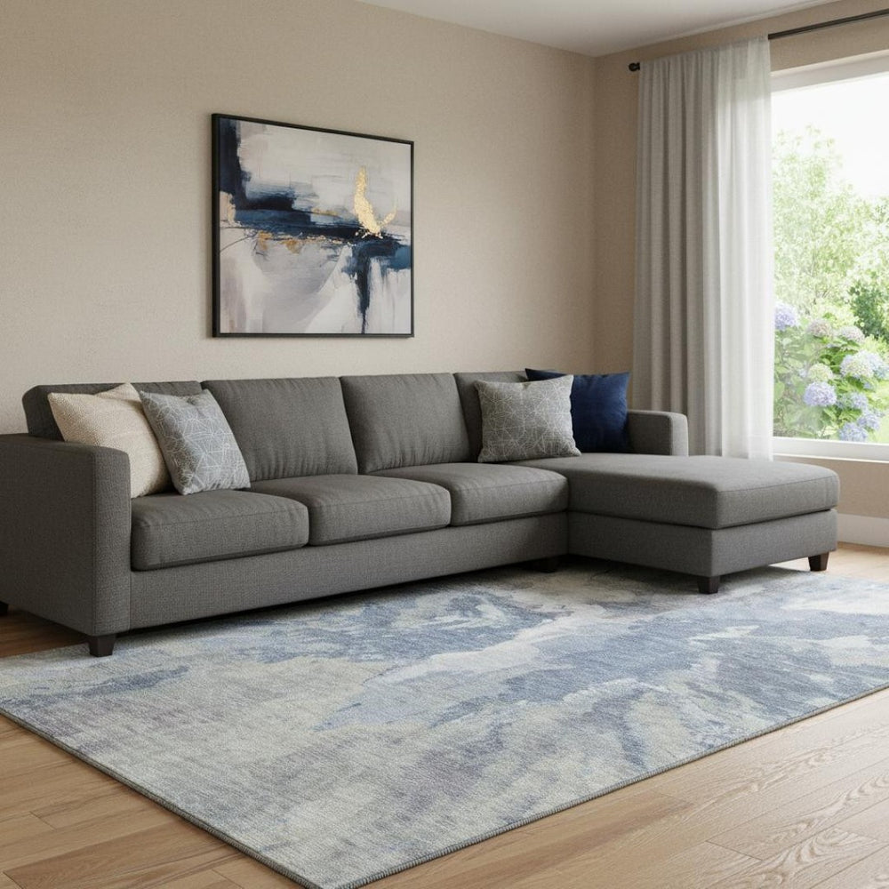 HomeRoots 8' X 10' Denim Blue Ivory Abstract Washable Area Rug - Durable, UV-Protected, Family-Friendly Decor 695436